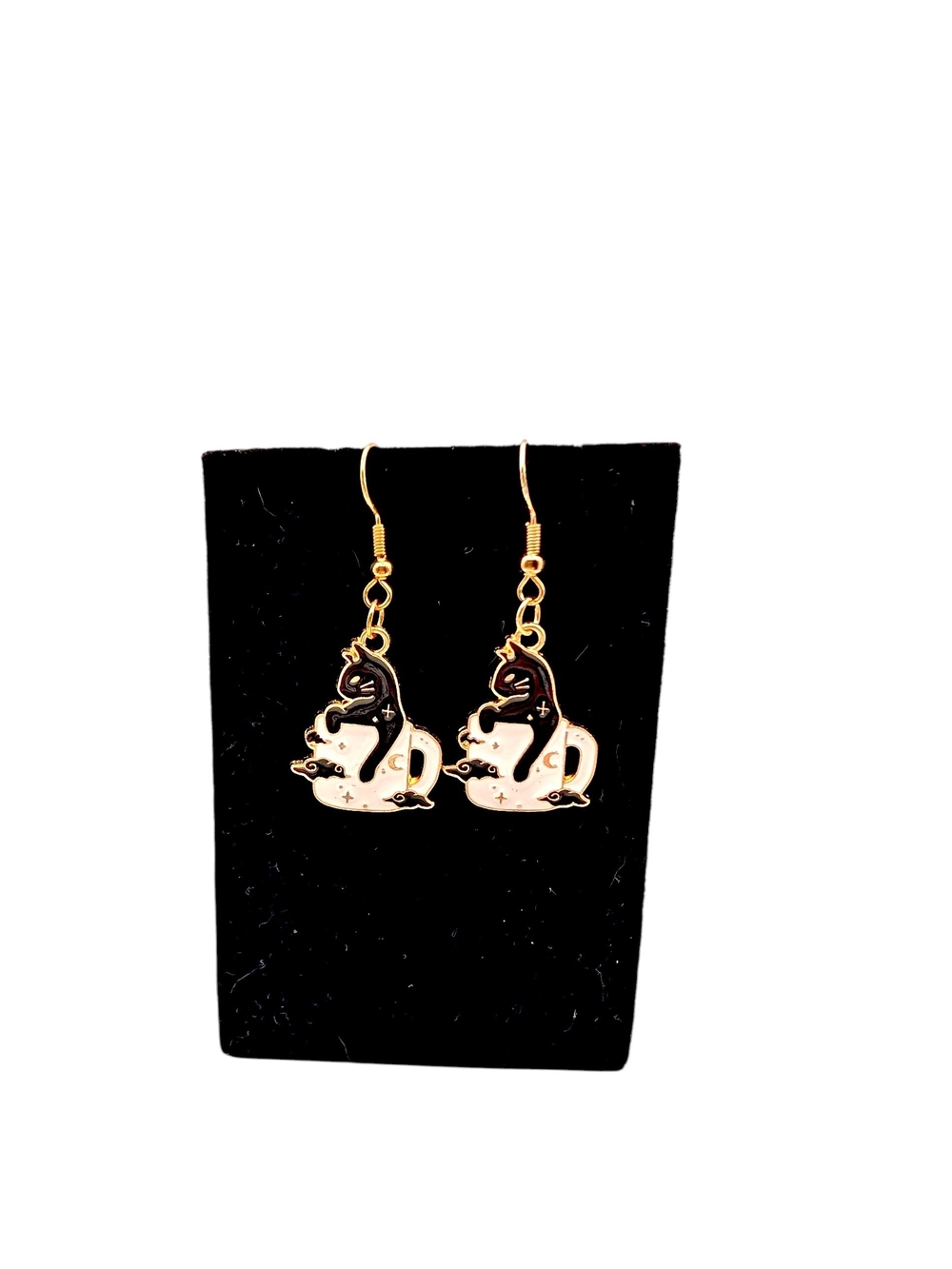 Gold and Black Cat Teacup Drop Earrings - Women Jewelry